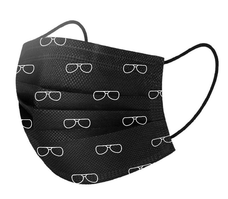 Basic Disposable 3 Ply Masks - Black with Eyeglass Pattern (Pack of 50)