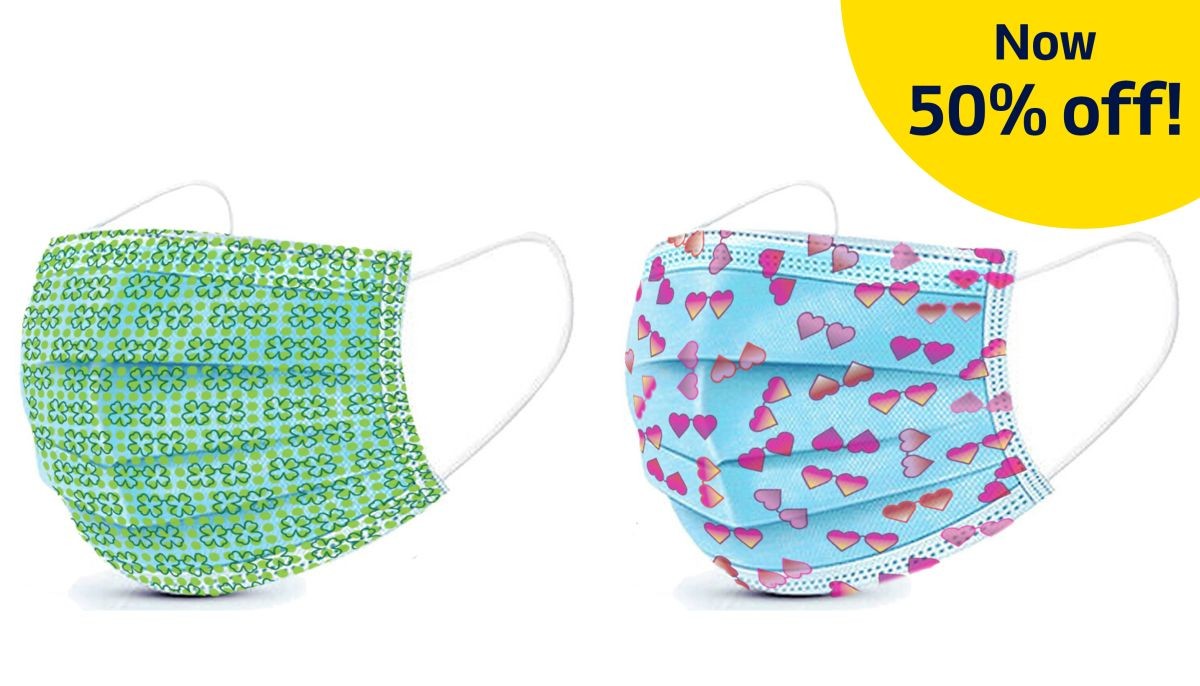 Basic Disposable 3 Ply Masks - Heart and Shamrock Print (Pack of 50) 